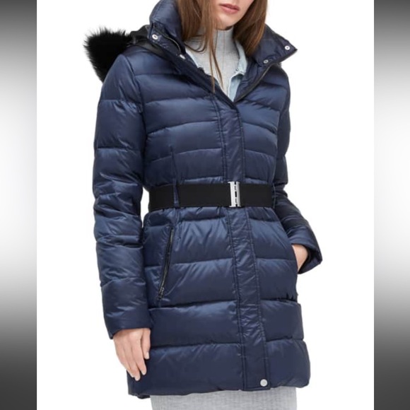 NWT UGG Valerie Navy belted down hooded parka sheep fur collar women’s size M - Picture 7 of 16